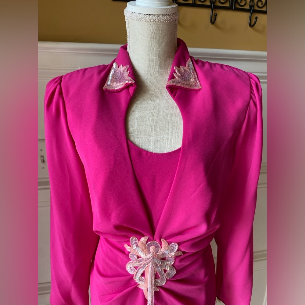 ❌SOLD❌ NWT VTG JUSTIN DAVID HOT PINK BEADED SEQUINED GOWN DRESS 70’S 80SIZE 14 - Picture 3 of 13